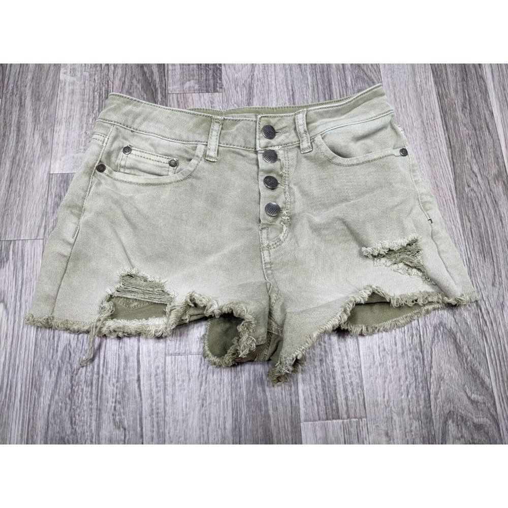 (3/$35) Sun & Shadow Size 25 Distressed Fringe Hem Button Fly Green Jean Shorts